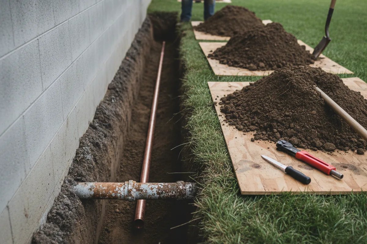 Excavated water line trench during Water Heater Repair in Columbia